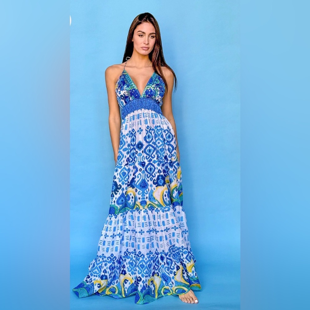 Long Blue Dress with Open Back
